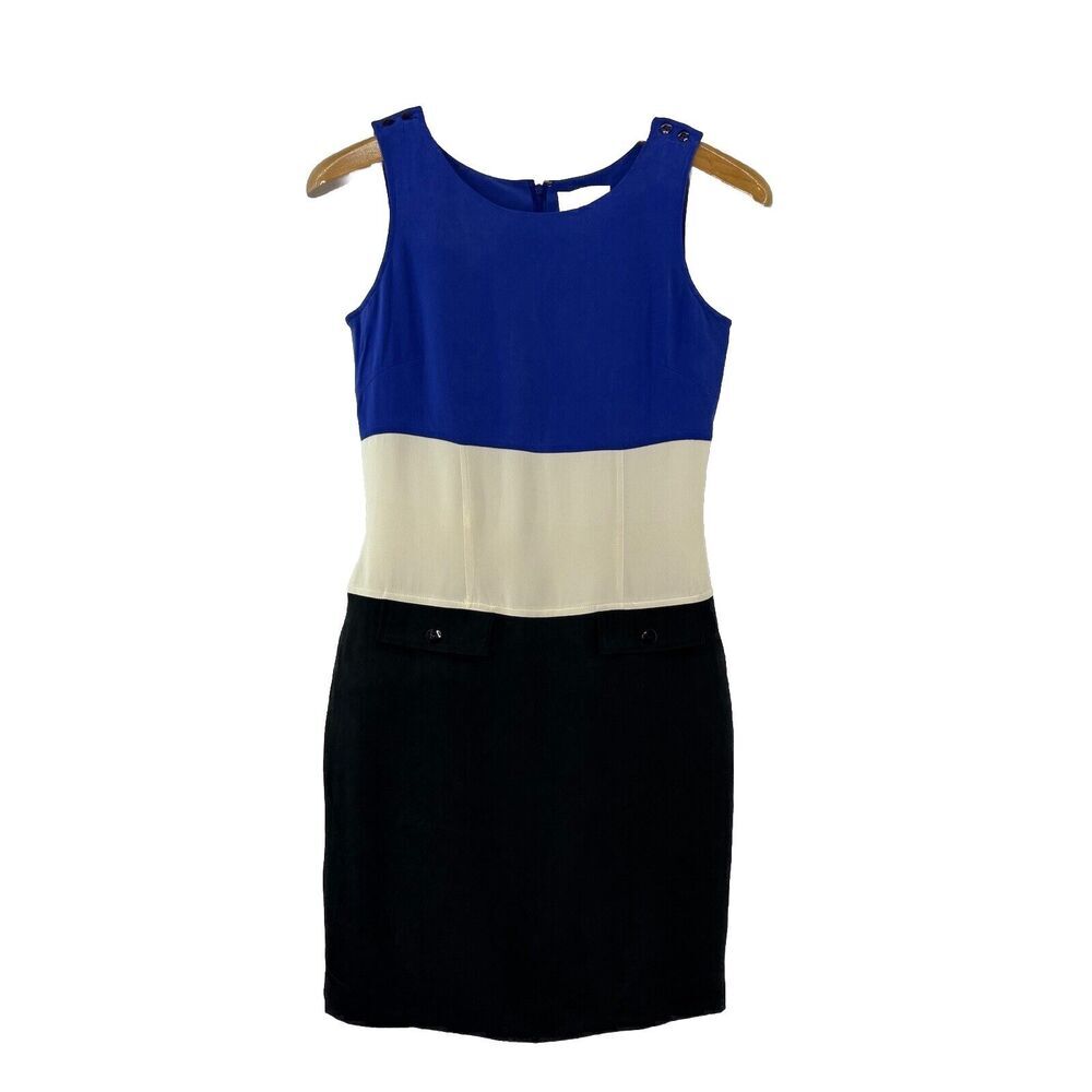 Design by Pat Argenti 100% Silk Colorblock‎ Sleeveless Shift Dress Sz 4 Blue